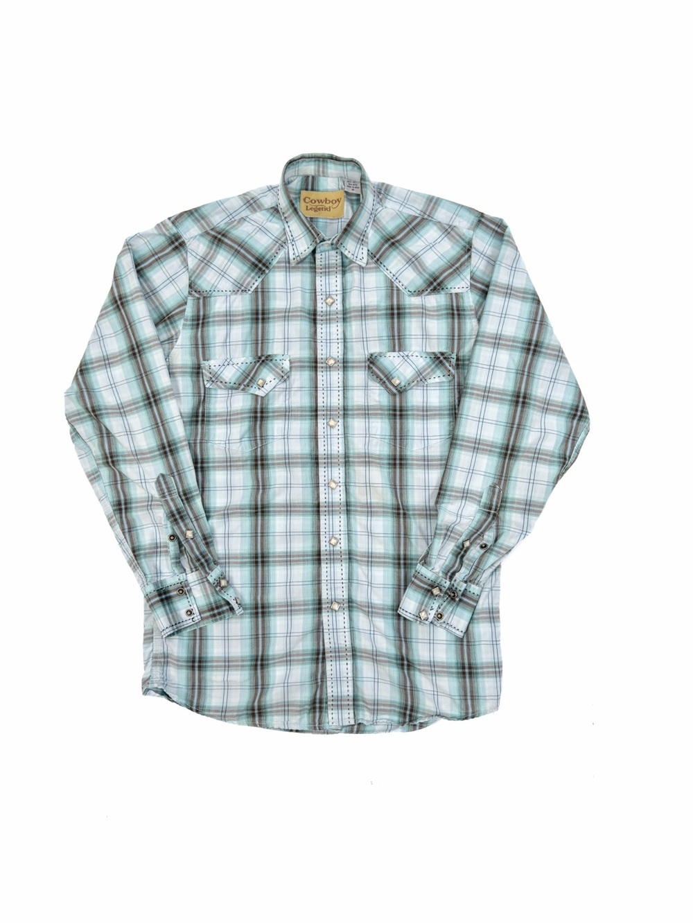 Cowboy Legend Mens M Pearl Snap Western Shirt Teal Brown Plaid Long Sleeve